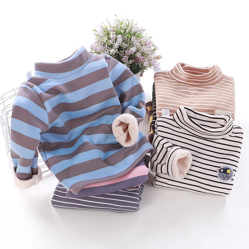 

Autumn Kid Fleece Sweatshirt Boy Bottoming T-Shirt 2-9Y Young Child Casual Clothes Baby Girl Winter Warm Stripes Turtleneck Tops