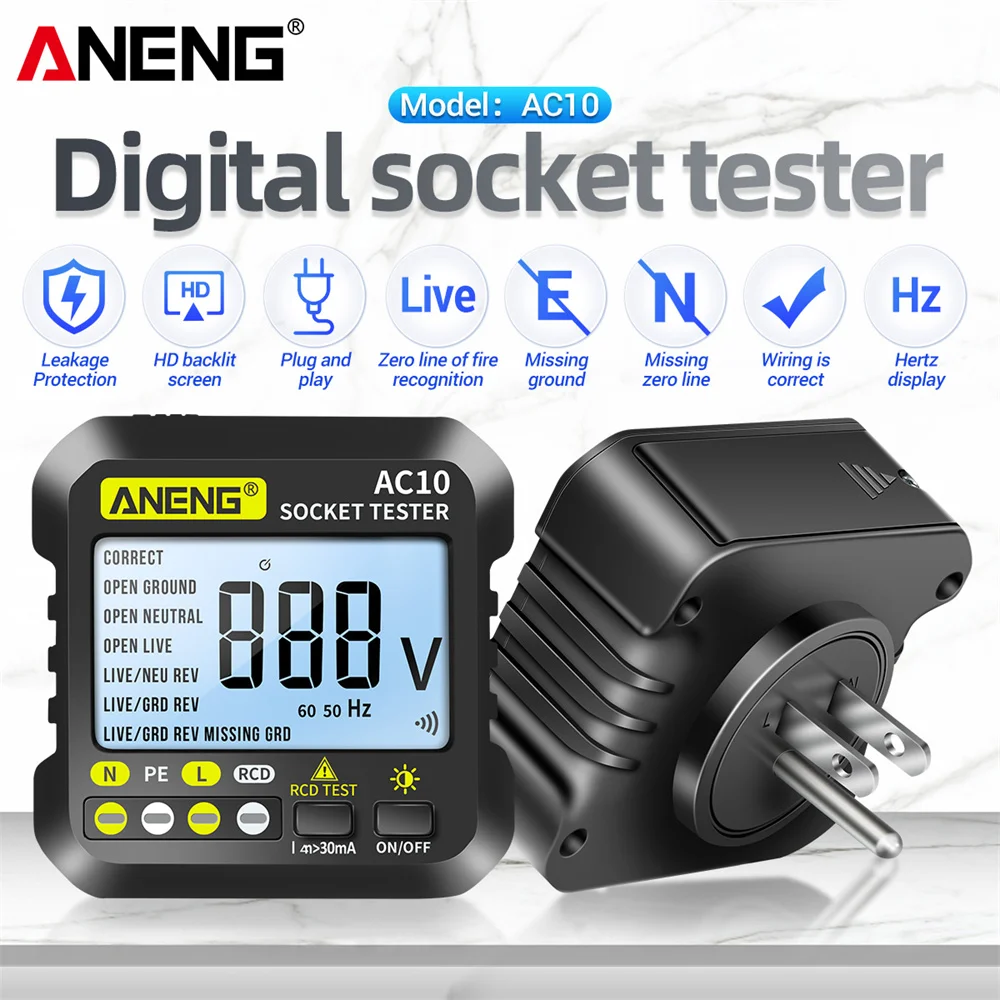 ANENG AC10 Socket Tester Plug Detector Zero Line Plug Polarity Phase Check Phase Detector US/EU Plug Multimeter Digital Tester
ANENG AC10 Socket Tester Plug Detector Zero Line Plug Polarity Phase Check Phase Detector US/EU Plug Multimeter Digital Tester