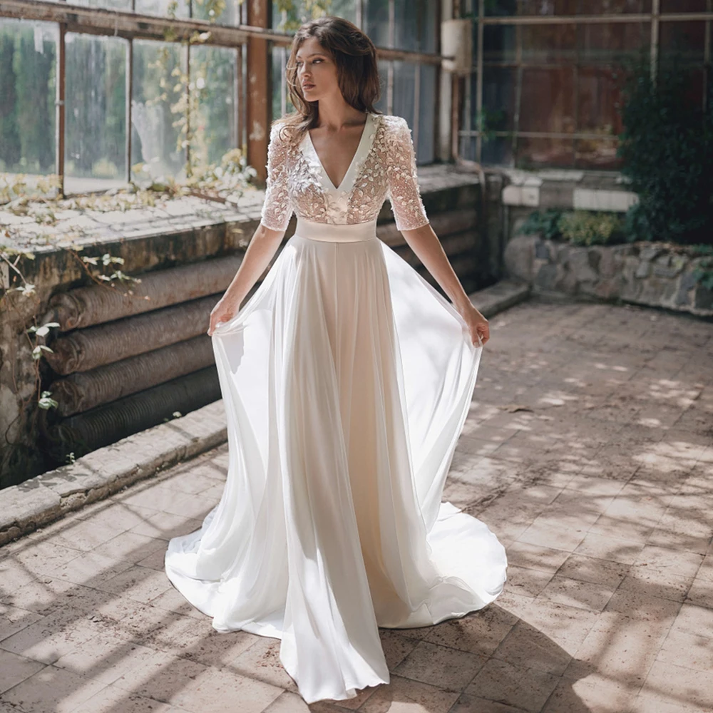 Half Sleeves Wedding Gowns For Women 2022 V-Neck Backless Bridal Dress Boho Lace Appliques Floor-Length Chiffon Свадебное платье
Half Sleeves Wedding Gowns For Women 2022 V-Neck Backless Bridal Dress Boho Lace Appliques Floor-Length Chiffon Свадебное платье