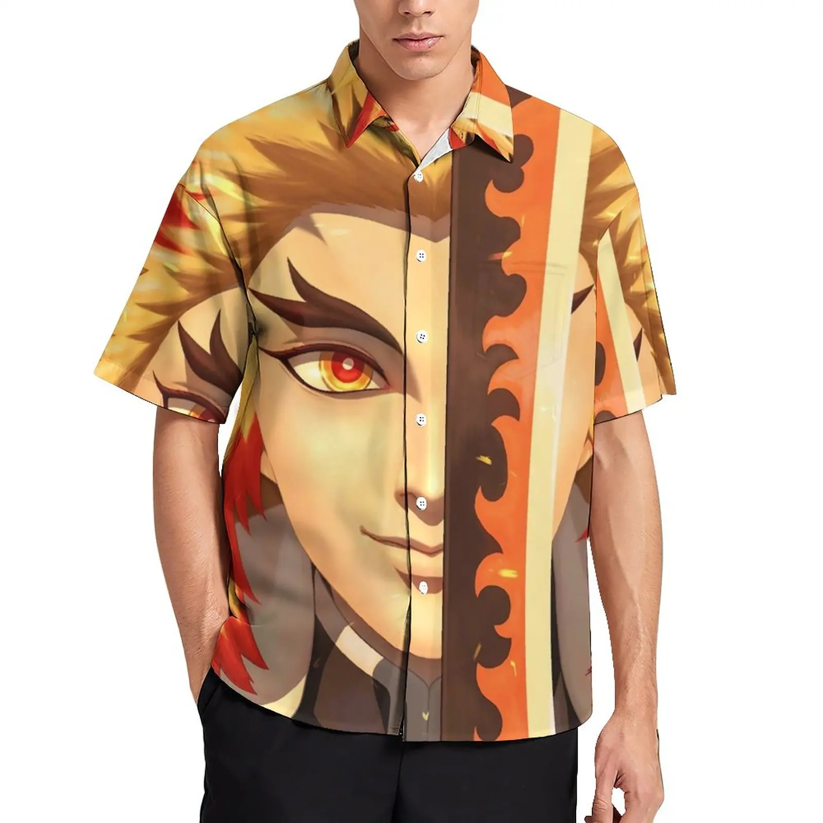 

Аниме Demon Slayer рубашка для отдыха Rengoku Kyojuro Гавайские повседневные рубашки Harajuku блузки с коротким рукавом графическая одежда размера плюс
