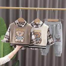 OLEKID 2023 New Spring Autumn 3PCS Boys Clothing Set Cartoon Bear Sweater Vest Long Sleeve Shirts Cotton Pants Baby Boys Clothes