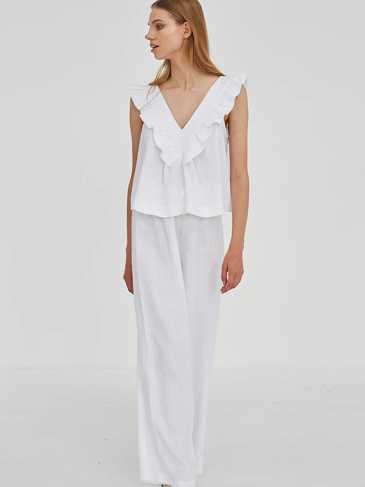 Linad Ruffle Women's Pajamas Set White V Neck Top Sleeveless 2 Piece Sets Female Trouser Suits Cotton Sleepwear Summer 2022
Linad Ruffle Women's Pajamas Set White V Neck Top Sleeveless 2 Piece Sets Female Trouser Suits Cotton Sleepwear Summer 2022