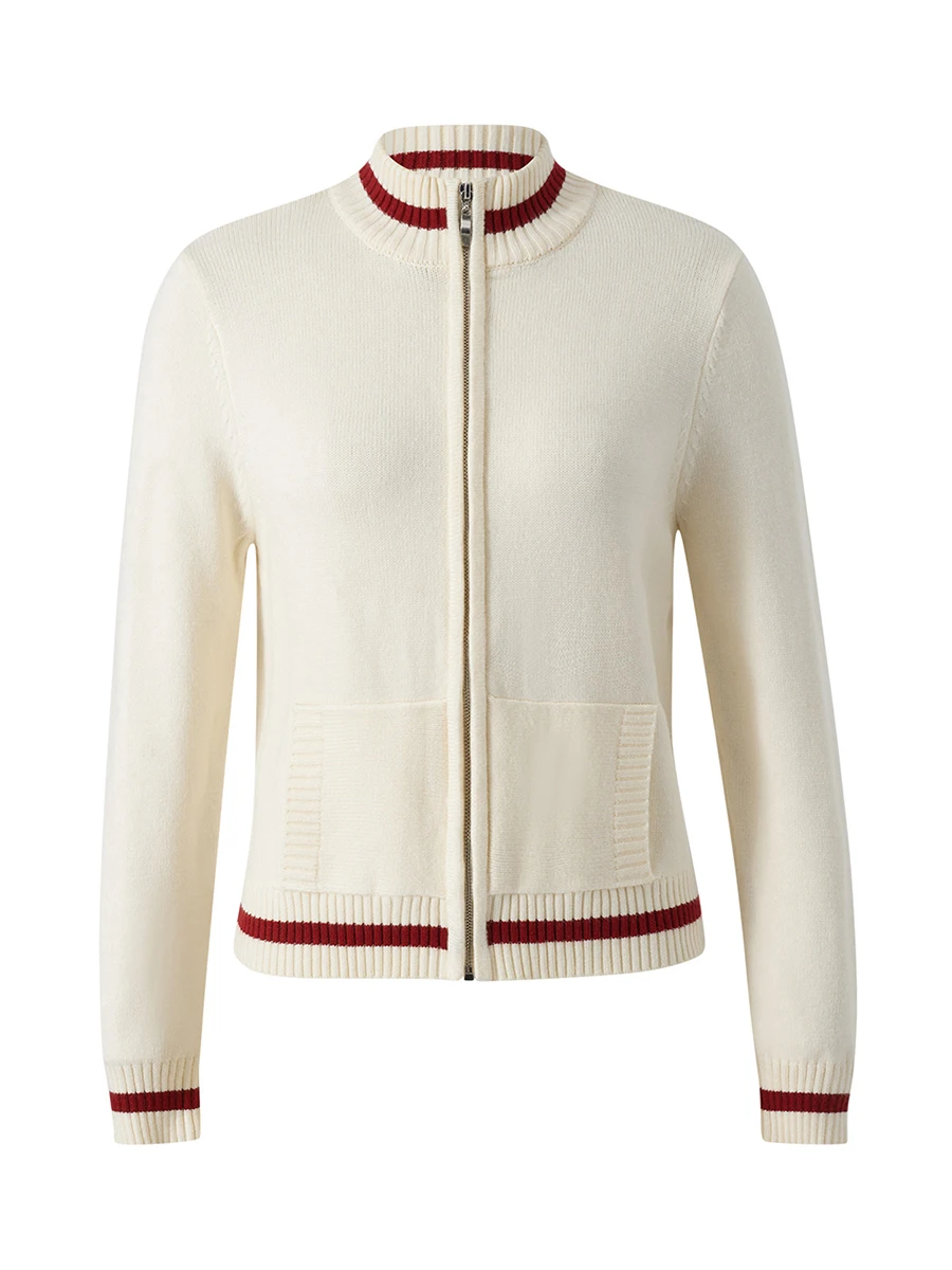 Women Knitted Tops White Long Sleeve Stand Collar Contrast Color Zipper Sweater
Women Knitted Tops White Long Sleeve Stand Collar Contrast Color Zipper Sweater