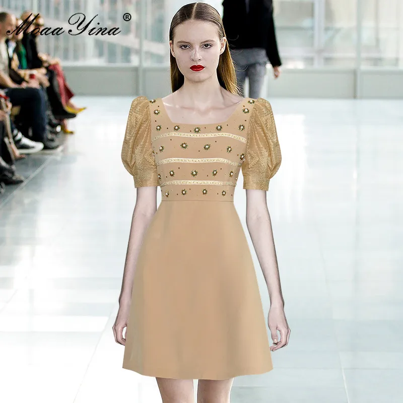 Fashion Runway dress Summer Women's Dress Square collar Puff sleeve Crystal bead High waist Solid Dresses
Fashion Runway dress Summer Women's Dress Square collar Puff sleeve Crystal bead High waist Solid Dresses