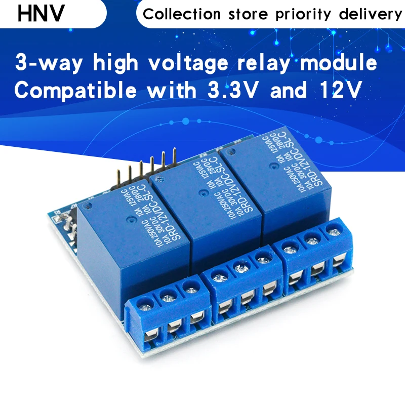 three 3 channel high-voltage relay module with opto-isolated, fully compatible with 3.3V and 12v signal
three 3 channel high-voltage relay module with opto-isolated, fully compatible with 3.3V and 12v signal