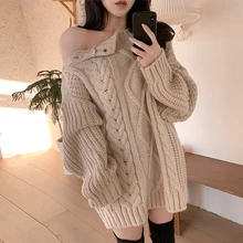 WTIANYUW 2022 Winter Simply Diagonal Buckle Off Shoulder Knitted Pullover Sweater Womens Solid Color Loose Leisure Sweater