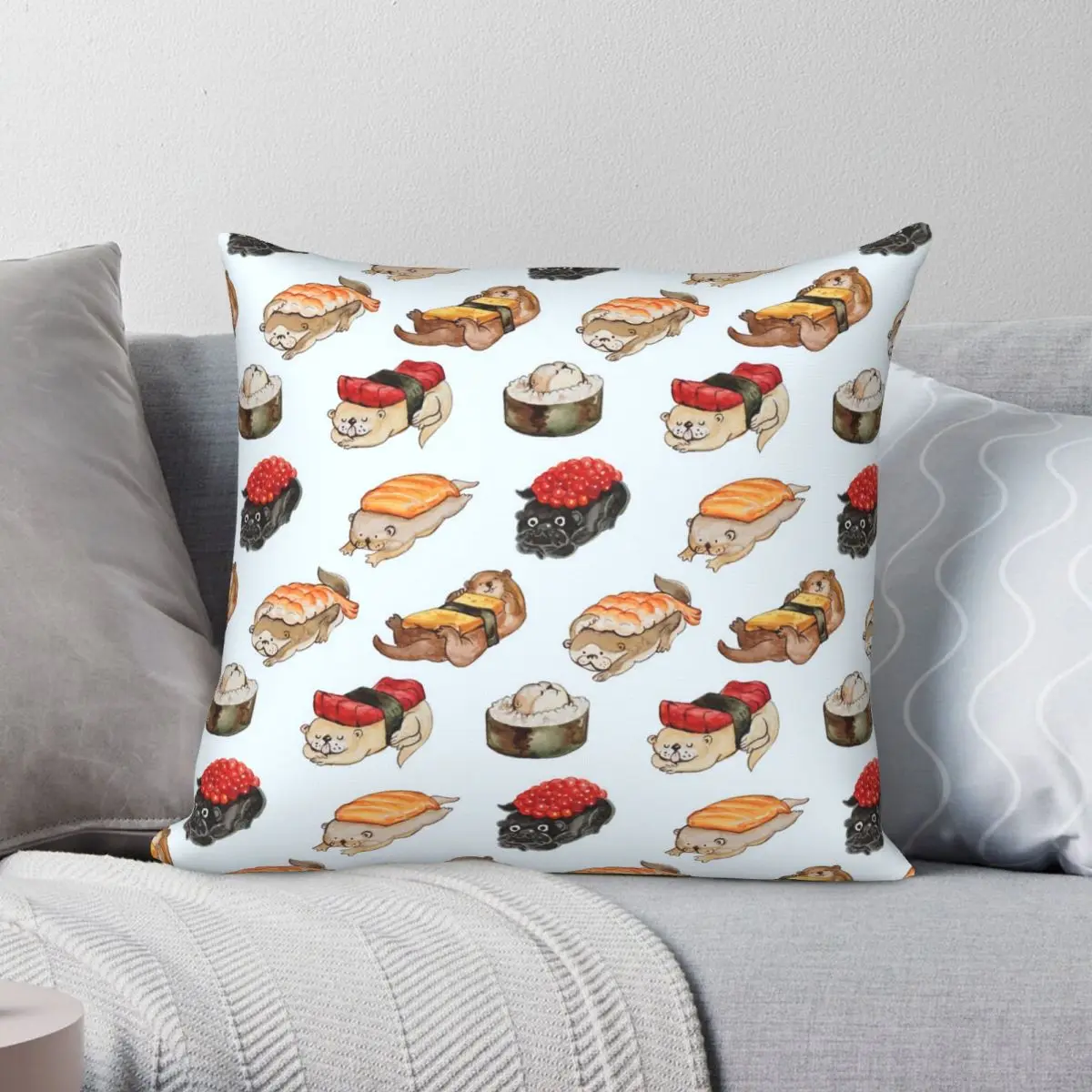 

Sushi Otter Watercolor Square Pillowcase Polyester Linen Velvet Creative Zip Decor Sofa Seater Cushion Cover 45x45