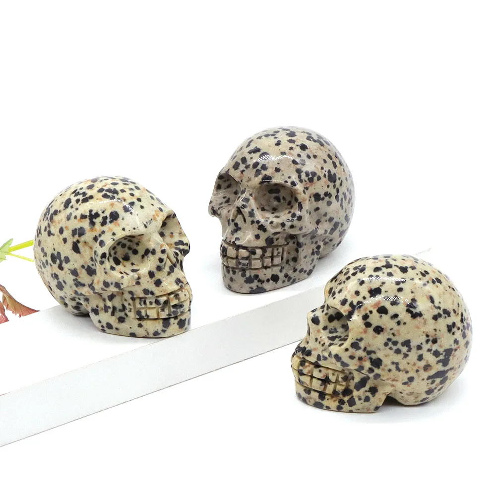 2" Dalmation Jasper Skull Statue Natural Stone Crystal Carved Reiki Healing Figurine Crafts Halloween Supplies Home Decoration
2" Dalmation Jasper Skull Statue Natural Stone Crystal Carved Reiki Healing Figurine Crafts Halloween Supplies Home Decoration