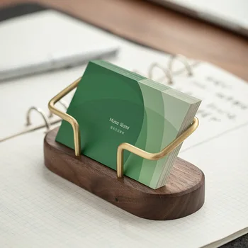 Solid Wood Oval Business Card Holders Case Brass ID Name Cards Organizer Office Desktop Storage Box
