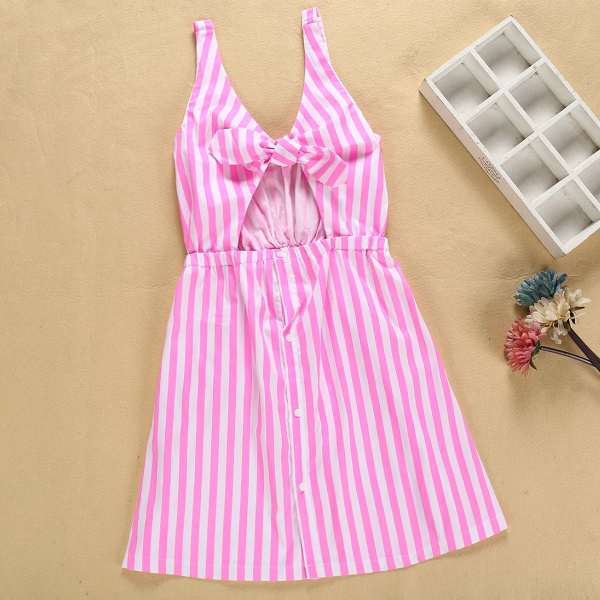 

Summer New Baby Fashion Mom Daughter Dress Vertical Stripe Pink Print Double Shoulder Strap Bow Sweetheart Cute Dress