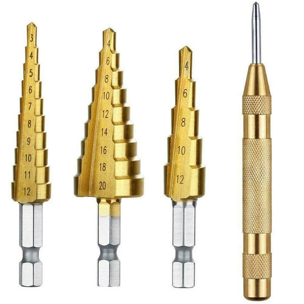 3pcs HSS Step Drill Bit Titanium Coated Wood Metal Hole Cutter With Center Punch Wood Metal Hole Cutter Core Drill Bit Set
3pcs HSS Step Drill Bit Titanium Coated Wood Metal Hole Cutter With Center Punch Wood Metal Hole Cutter Core Drill Bit Set