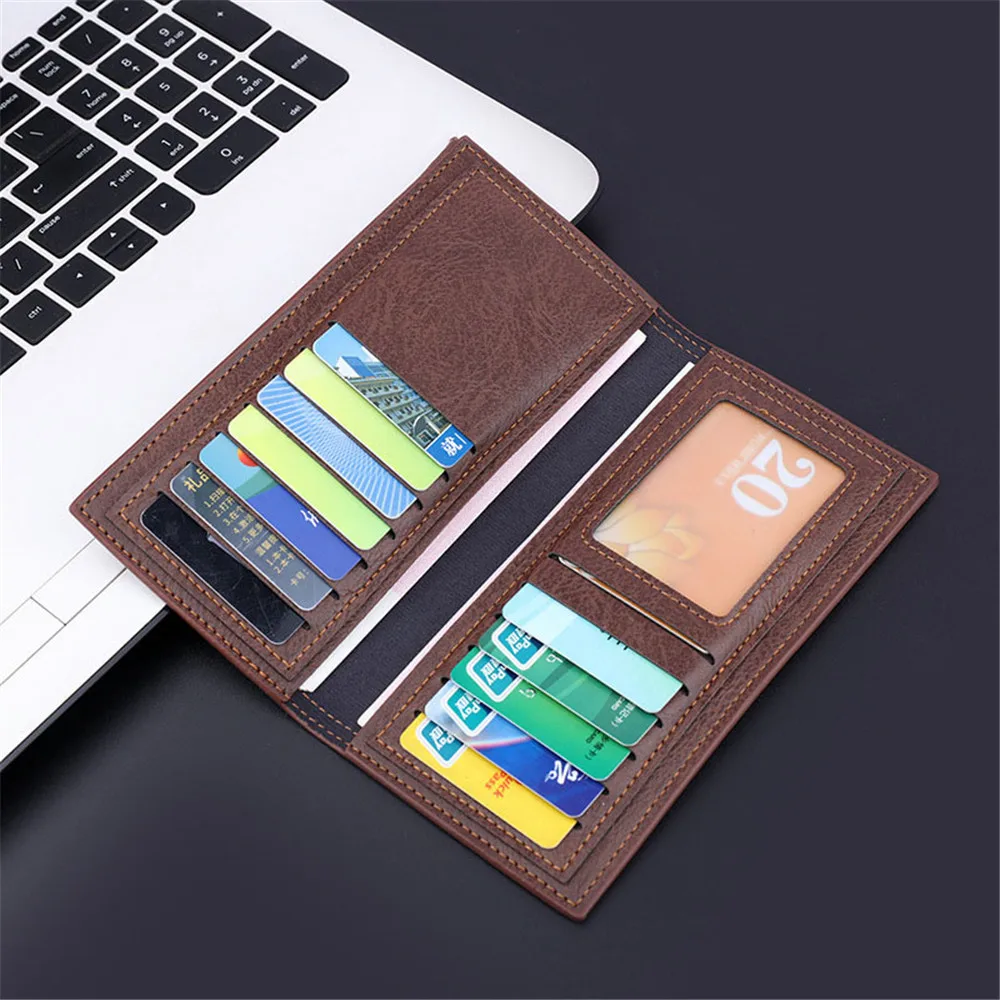 

Мужской кошелек в стиле ретро, удлиненный клатч из искусственной кожи, Тонкий деловой держатель для кредитных карт, однотонный бумажник с зажимом для денег