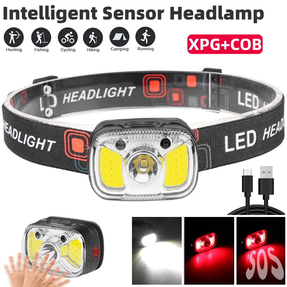 

LED Sensor Headlamp USB Rechargeable Wave Induction XPG COB Headlight Waterproof LED Head Light Flashlight Fishing Camping Torch