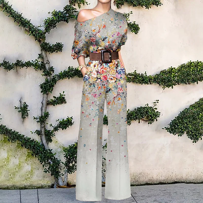 Elegant Jumpsuits Women Office Lady Loose Wide Leg Pants Bodysuits Skew Collar Floral Printing Sweet Ladies Fashion Streetwear 
Elegant Jumpsuits Women Office Lady Loose Wide Leg Pants Bodysuits Skew Collar Floral Printing Sweet Ladies Fashion Streetwear