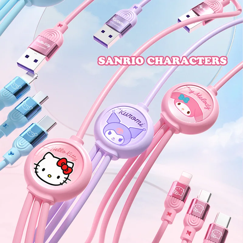 

Новый кабель для передачи данных Sanrio Kuromi Hellokitty I Phone TYPE C, быстрая зарядка, Cinnamoroll, три в одном, 5 А, зарядный кабель
