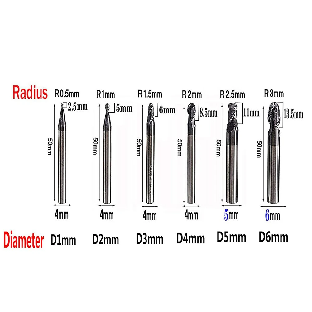 6 Pcs Tungsten Carbide End Mill CNC 2 Flute Helical Drill Bits 0.5/1/1.5/2/2.5/3 Ball Nose For Engraving Machines Tool Parts
6 Pcs Tungsten Carbide End Mill CNC 2 Flute Helical Drill Bits 0.5/1/1.5/2/2.5/3 Ball Nose For Engraving Machines Tool Parts
