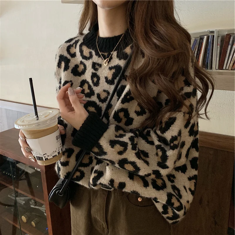 

Hot sale Lazy Vintage Loose Bottom Pullovers O Neck Long Sleeve Leopard Sweater Women Knitwear Print Tops Casual Autumn Dropship