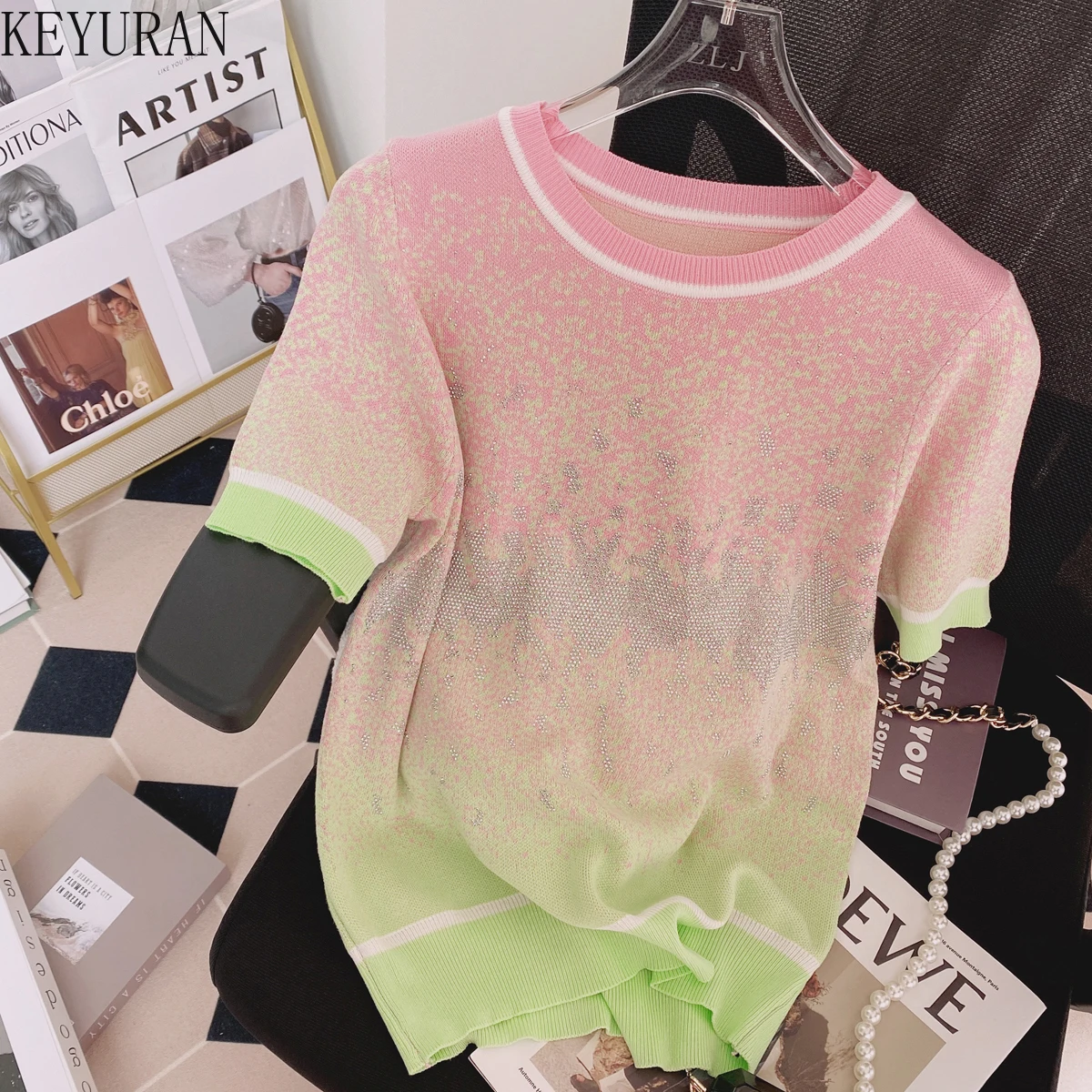 Summer Colorful Gradient Color Matching Hot Drill Knitted T-Shirt Women Tee Casual Loose Short Sleeve Thin Ice Silk Knitwear Top
Summer Colorful Gradient Color Matching Hot Drill Knitted T-Shirt Women Tee Casual Loose Short Sleeve Thin Ice Silk Knitwear Top