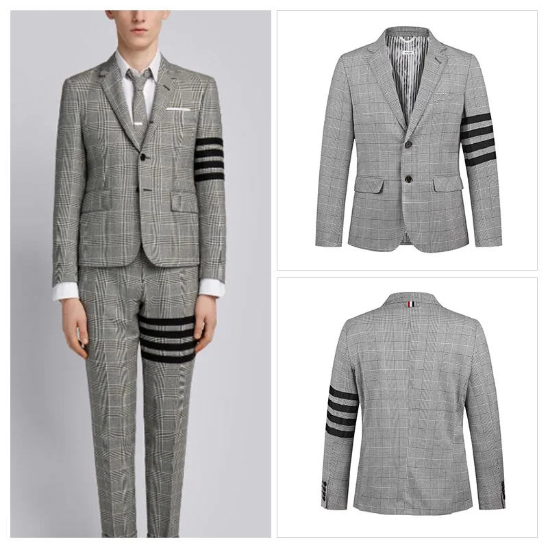 

TB THOM Male 2022 New Arrival Men's Jackets Black White Grid 4-bar Stripe Blazers Business Formal Casual JacketsSuit