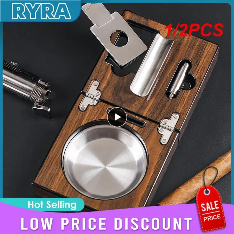 

1/2PCS Multifunctional Cigar Ashtray Foldable Walnut Wood Box Include Cigar Cutter Holder And Hole Opener Smoking Accessories
