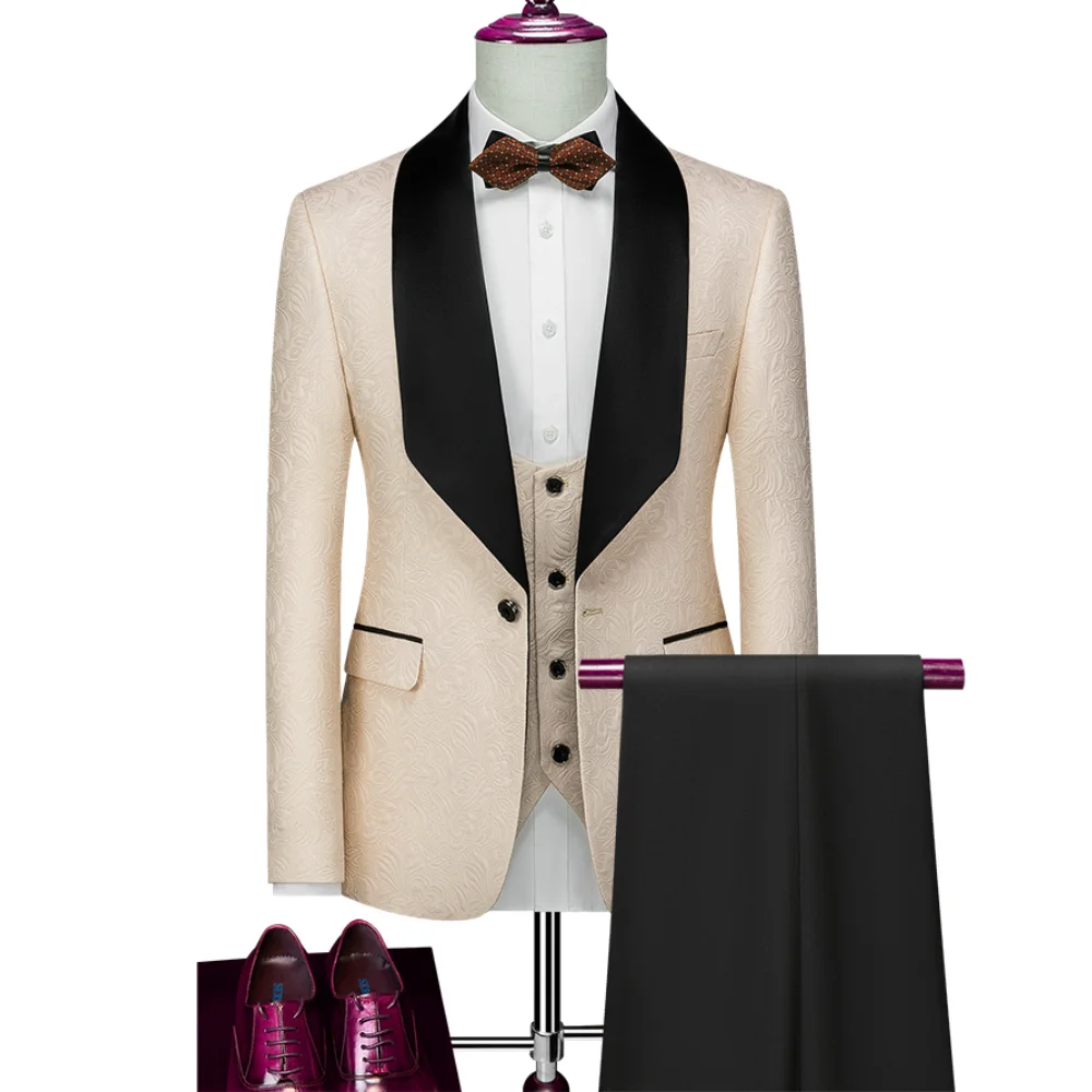 (Jacket+Vest+Pants)Mens Wedding Suits Fashion Jacquard WithBlack Satin Collar Tuxedo 3 Pcs Groom Suit Male Slim Fit luxury Suits
(Jacket+Vest+Pants)Mens Wedding Suits Fashion Jacquard WithBlack Satin Collar Tuxedo 3 Pcs Groom Suit Male Slim Fit luxury Suits