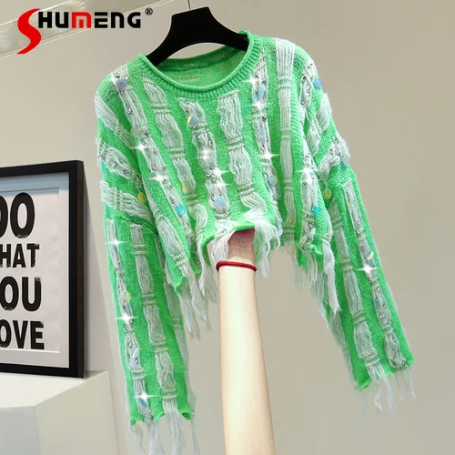 Irregular Raw Hem Color Matching Sweater Women Long-Sleeved 2023 Striped Crystal-Studded Sequins Tassel High Waist Short Sweater
Irregular Raw Hem Color Matching Sweater Women Long-Sleeved 2023 Striped Crystal-Studded Sequins Tassel High Waist Short Sweater