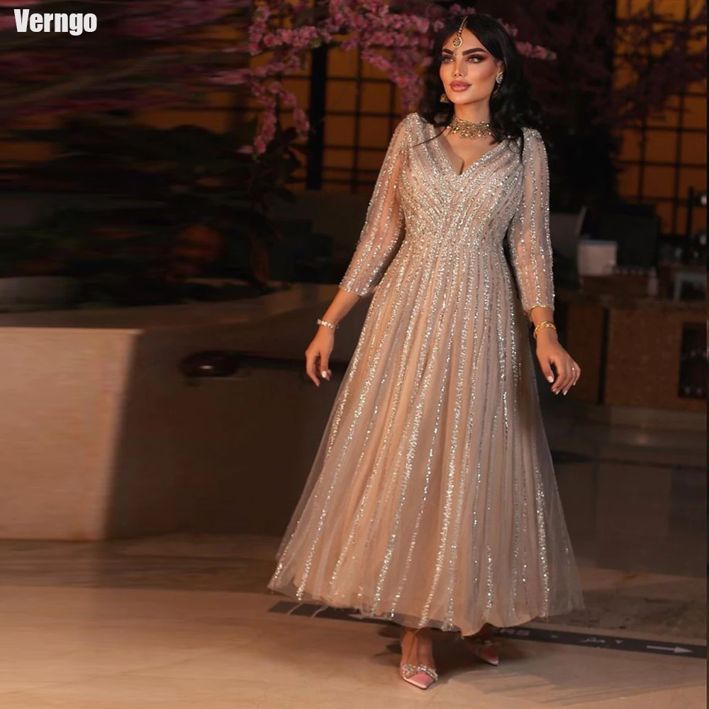 Verngo A-line Sequin Prom Dresses V-neck Long Sleeves Arabia Evening Party Dress Tulle Ankle-Length Formal Occasion Gown 2024
Verngo A-line Sequin Prom Dresses V-neck Long Sleeves Arabia Evening Party Dress Tulle Ankle-Length Formal Occasion Gown 2024