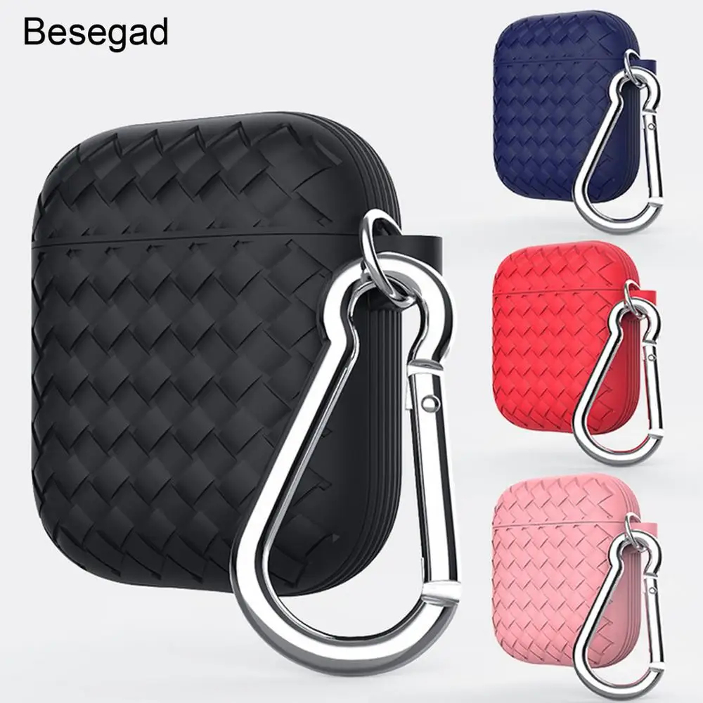 

Besegad Fashion Weave Silicone Protective Case Cover Shell Pouch Sleeve Bag with Carabiner Keychain for Apple AirPods Air Pods