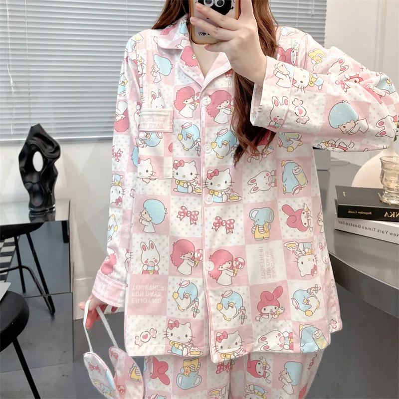 

Sanrio Kawaii аниме Hello Kitty маленькие двойные звезды с длинными рукавами пижамный комплект осенние милые девушки Y2K утолщенная Домашняя одежда подарок