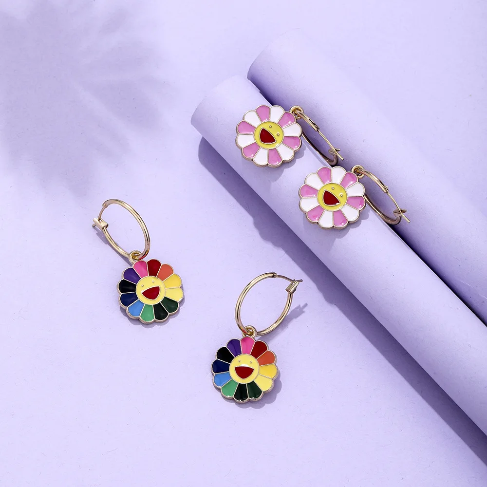 

Cute Cartoon Colorful Daisy Dangle Earrings Round Happy Face Flower Oil Dropping Metal Hoops Earrings Geometric Korean Jewelry