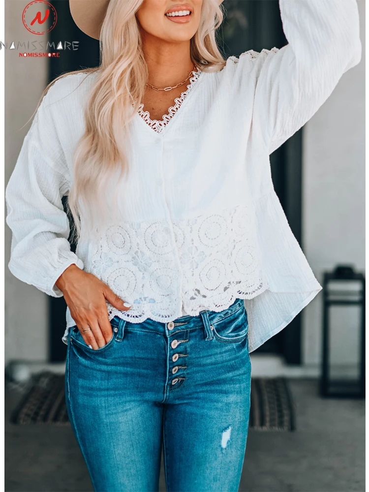 Fashion Women Solid Color Shirts Single-Breasted Design Lace Decor V-Neck Long Sleeve Spring Autumn Casual Loose Cardigan Top
Fashion Women Solid Color Shirts Single-Breasted Design Lace Decor V-Neck Long Sleeve Spring Autumn Casual Loose Cardigan Top