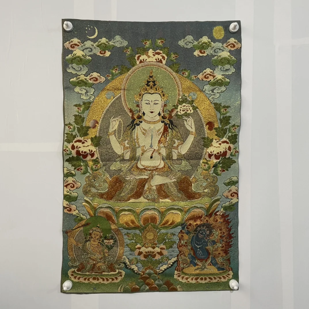 35"Thangka Embroidery Tibetan Buddhism silk embroidery Four-armed Guanyin worship buddha Thangka hanging screen Town house
35"Thangka Embroidery Tibetan Buddhism silk embroidery Four-armed Guanyin worship buddha Thangka hanging screen Town house