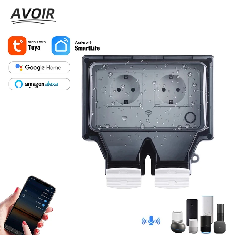 

Avoir Tuya Waterproof Socket Wifi Smart Electrical Sockets And Switches IP66 Outdoor Power Socket EU DE Multiple European Plugs