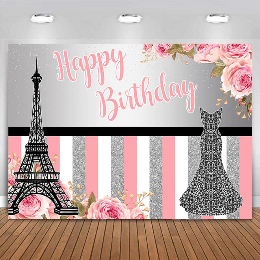 Paris Happy Birthday Party Backdrop Eiffel Tower Floral Rose Gold Background Decor Sweet 16th Pink Stripe for Girl Poster Banner
Paris Happy Birthday Party Backdrop Eiffel Tower Floral Rose Gold Background Decor Sweet 16th Pink Stripe for Girl Poster Banner