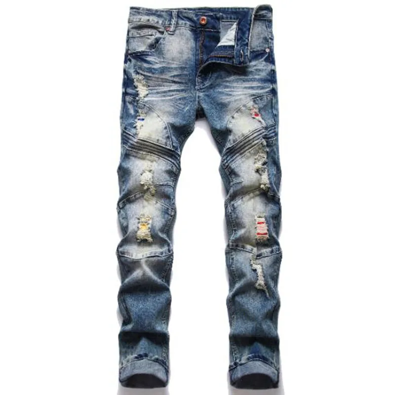 

Новинка 2021, модные мужские хлопковые рваные джинсы с дырками, повседневные облегающие байкерские джинсы, мужские брюки на осень и зиму, мужские джинсовые брюки в стиле хип-хоп