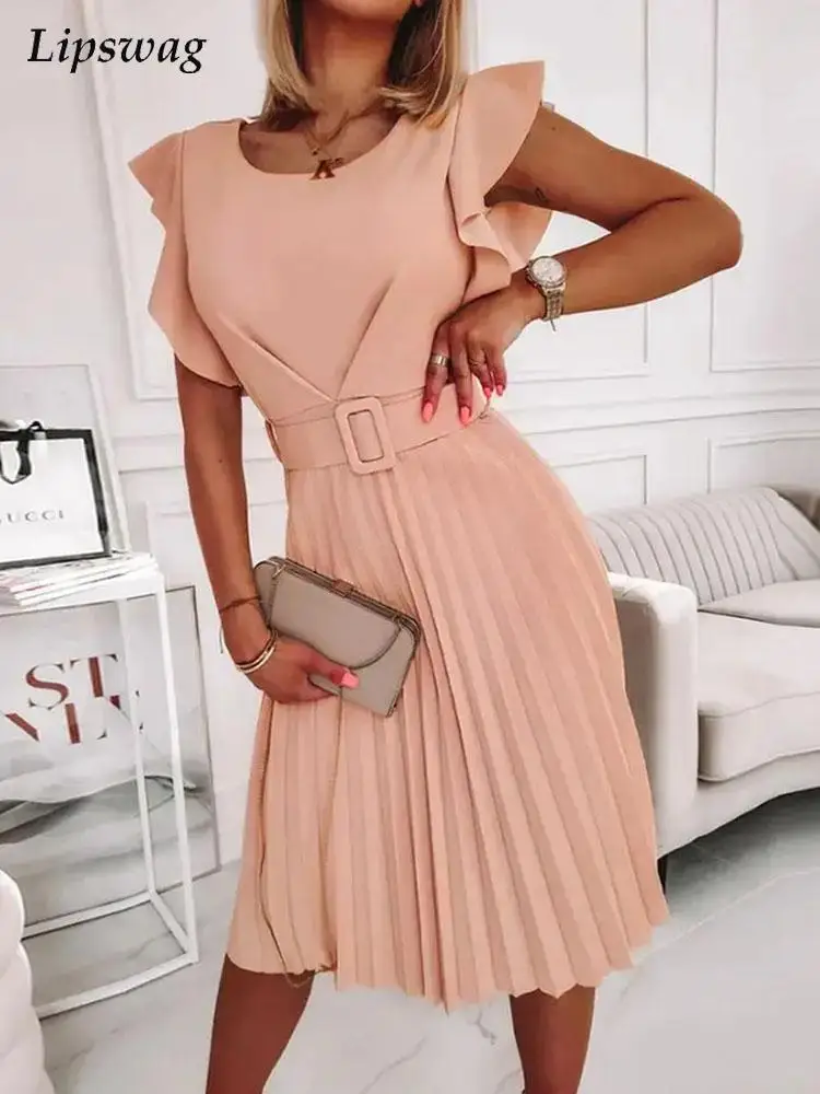 Elegant Women Solid Slim Belted Dress Ruffle Short Sleeve O-Neck Pleated Midi Dresses Office Ladies Summer A-Line Party Dress
Elegant Women Solid Slim Belted Dress Ruffle Short Sleeve O-Neck Pleated Midi Dresses Office Ladies Summer A-Line Party Dress