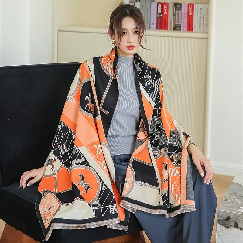 

New Fashion European and American style Winter stripe horse shawl female cashmere blended Windproof and warm scarf