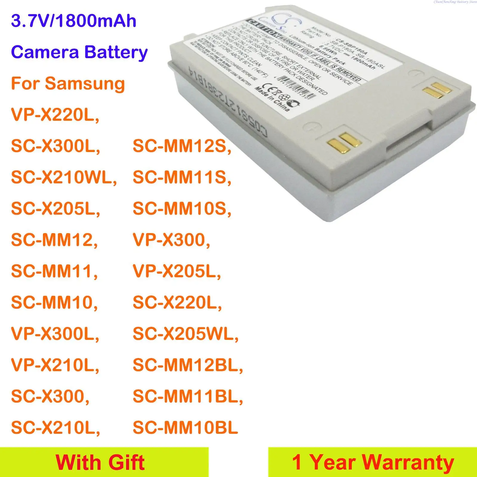 

OrangeYu Camera Battery SB-P180A for Samsung VP-X220L,X300,X300L,X210WL,X205L,MM12,MM11,MM10,X210L,MM12S,MM11S,MM10S,X205WL