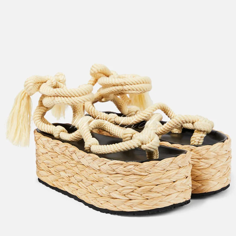 

Women's woven cross strap sandals Apricot high flat open tassel tie Gladiator suspender round cut out casual shoes