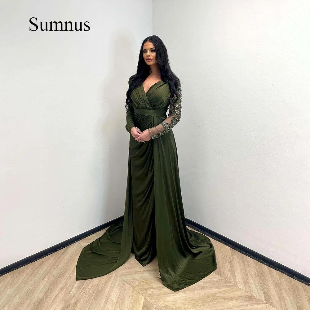 Sumnus Green Mermaid Saudi Arabic Evening Dresses Beads Long Sleeve Pleats Satin Wedding Party Gowns with Train Formal Dress
Sumnus Green Mermaid Saudi Arabic Evening Dresses Beads Long Sleeve Pleats Satin Wedding Party Gowns with Train Formal Dress