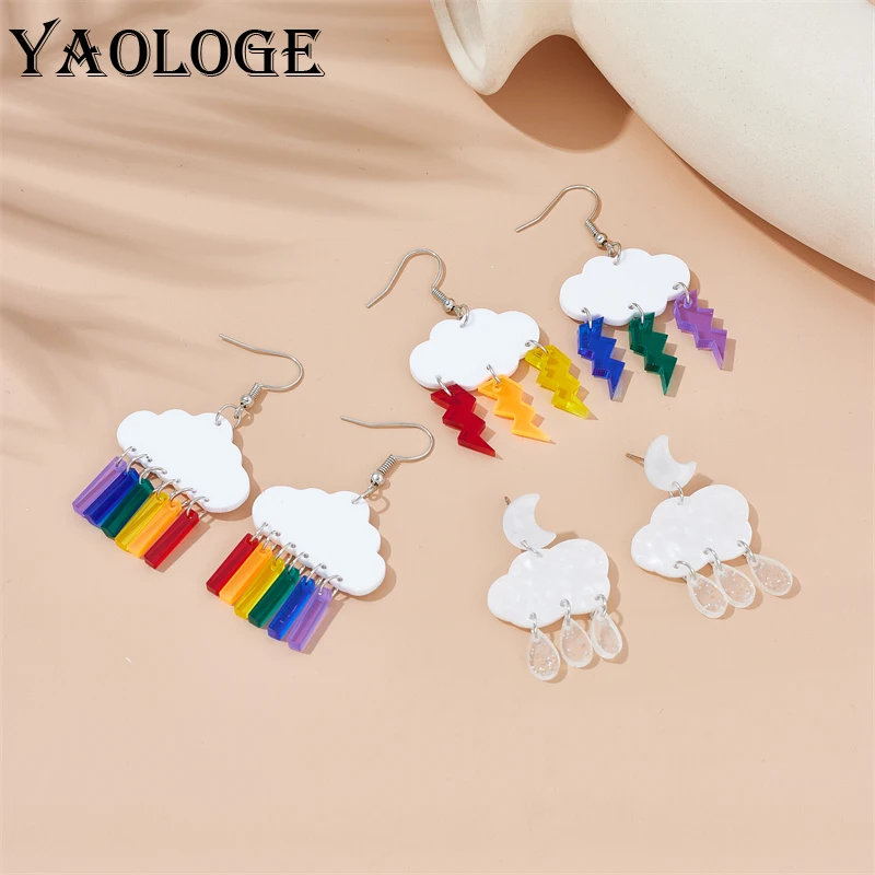 

YAOLOGE Acrylic Lovely Clouds Rainbow Lightning Raindrops Drop Earrings For Women New Girls Cartoon Ear Jewelry Birthday Gifts