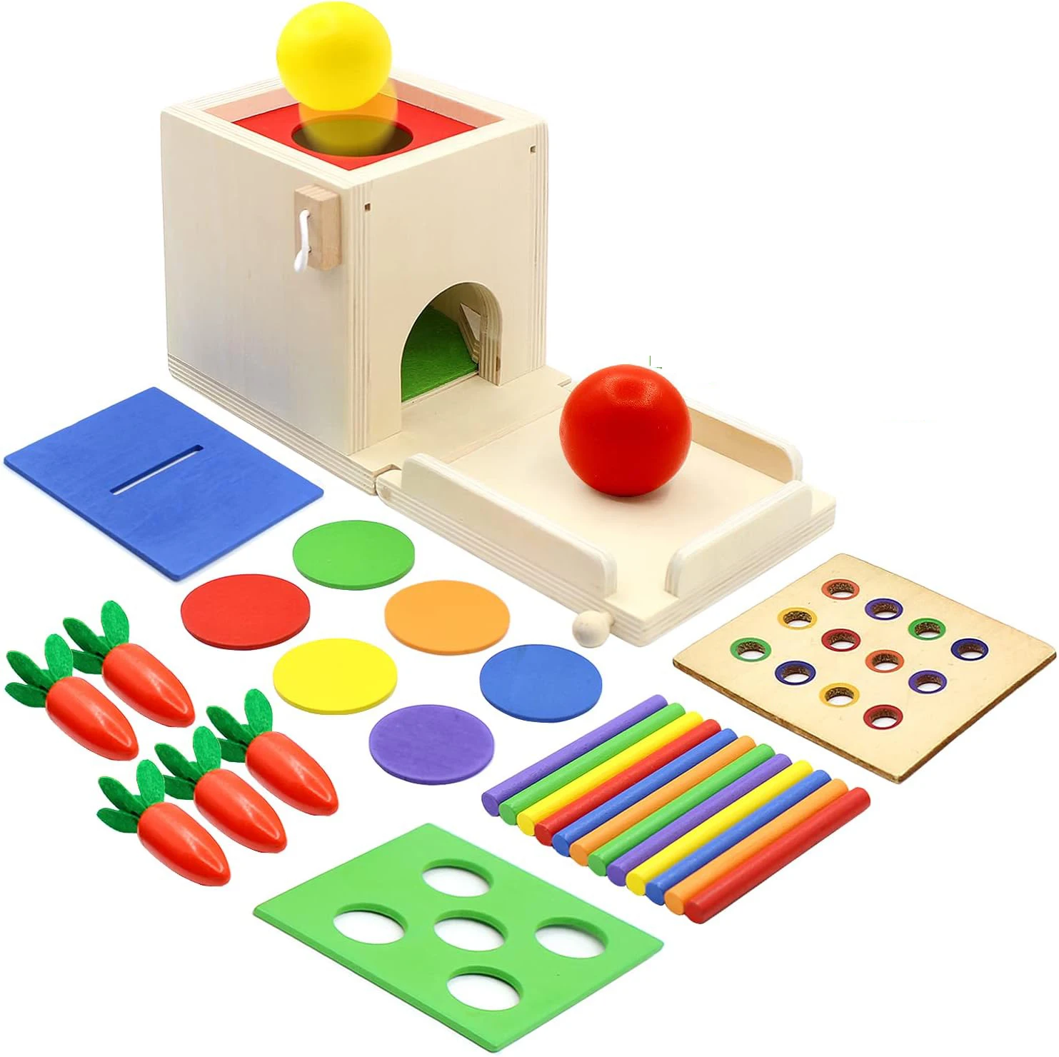 4-in-1 Wooden Montessori Toy Play Kit Object Permanence Box Play Set with Coin Box Carrot Harvest Shape Sorter Ball Drop Toy
4-in-1 Wooden Montessori Toy Play Kit Object Permanence Box Play Set with Coin Box Carrot Harvest Shape Sorter Ball Drop Toy