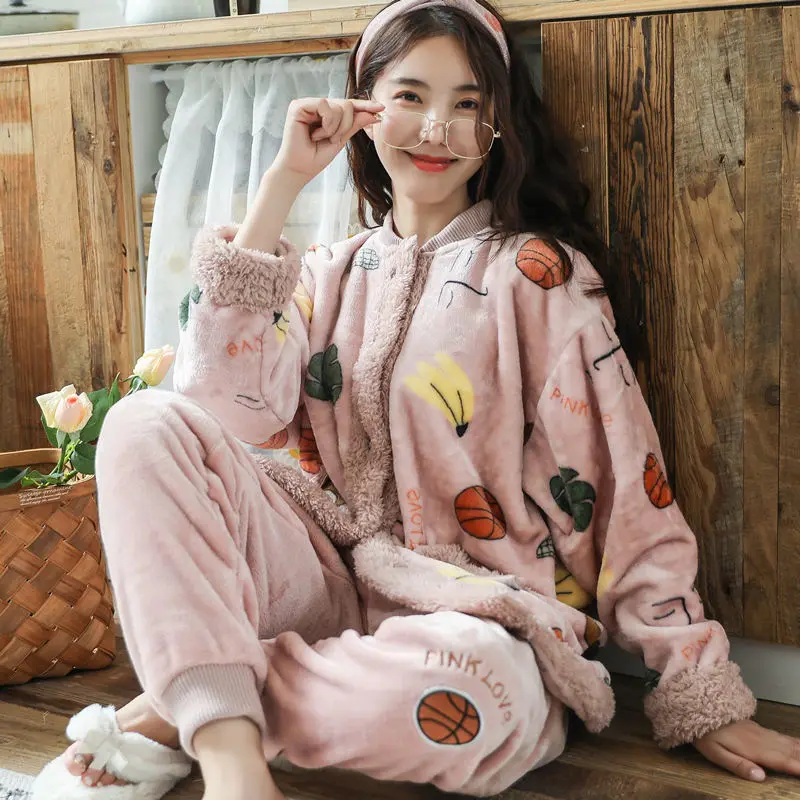 

Coral Fleece Pajamas Women's Winter Long-sleeved Thickening Plus Fleece Warmth Flannel Home Service Spring and Autumn Suit