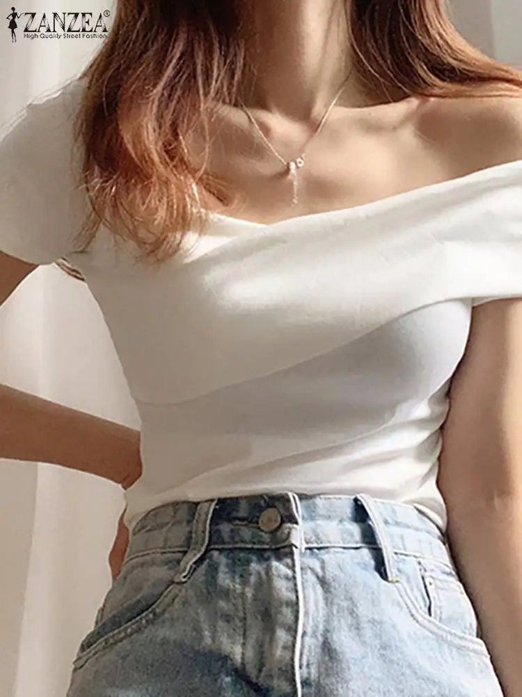 Fashion Off Shoulder Blouse ZANZEA Women Short Sleeve Knitted Shirt Y2k Slim Sexy Tunic Tops Elegant Party Blusas Tight Shirts
Fashion Off Shoulder Blouse ZANZEA Women Short Sleeve Knitted Shirt Y2k Slim Sexy Tunic Tops Elegant Party Blusas Tight Shirts