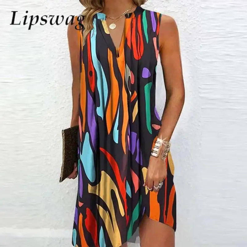 Vintage Summer Female Pullover Loose Dresses Fashion Colorful Print Sleeveless Dress Women Sexy V Neck Casual A-Line Shirt Dress 
Vintage Summer Female Pullover Loose Dresses Fashion Colorful Print Sleeveless Dress Women Sexy V Neck Casual A-Line Shirt Dress