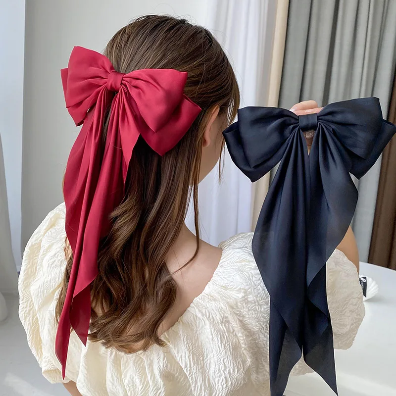 

Silk Large Satin Bow Hairclip Girls Trendy Hairpin Women Chiffon Long Ribbon Ponytail Clip Barrettes Oversized Hair Accessories