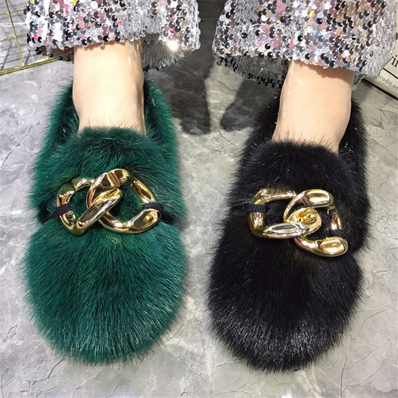 

2023 New Winter Warm Fur Flats Thick Sole Platform Zapatos Mujer Real Mink Fur Moccasins Casual Flat Shoes Furry Espadrilles