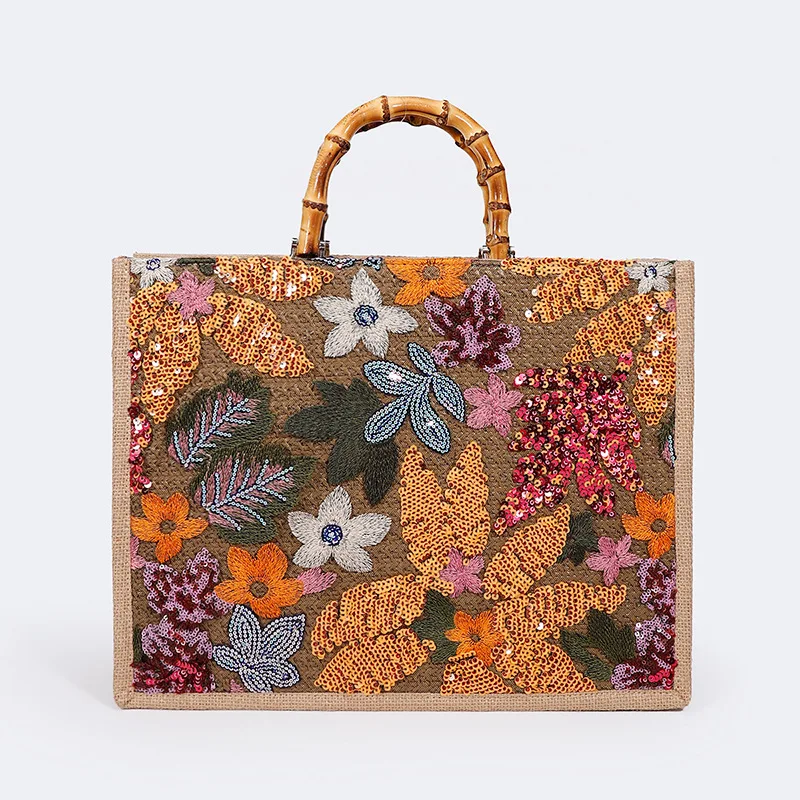 

Sequins Linne Tote Bag Bamboo Handle Women's Handbags Flower Embroidery Woven Bag Large Beach Shopper Designer Bags for Women