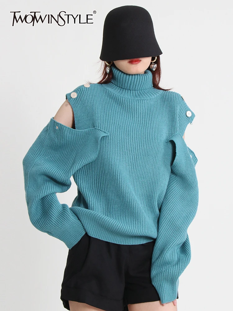 TWOTWINSTYLE Hollow Out Sweater For Women Turtleneck Lantern Sleeve Knitting Minimalist Sweaters Female Autumn Clothing Fashion
TWOTWINSTYLE Hollow Out Sweater For Women Turtleneck Lantern Sleeve Knitting Minimalist Sweaters Female Autumn Clothing Fashion