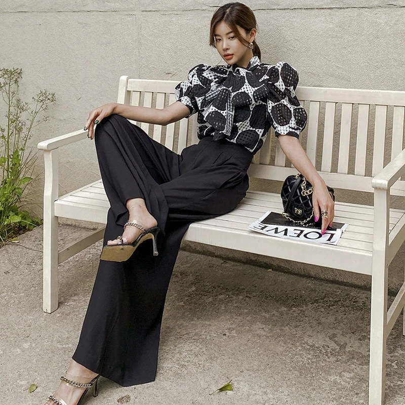 Elegant Summer Lace Up Polka Dot Puff Sleeve Tops Pants Suits And Office OL Black Pocket Wide Leg Trousers Female Two Piece Set
Elegant Summer Lace Up Polka Dot Puff Sleeve Tops Pants Suits And Office OL Black Pocket Wide Leg Trousers Female Two Piece Set